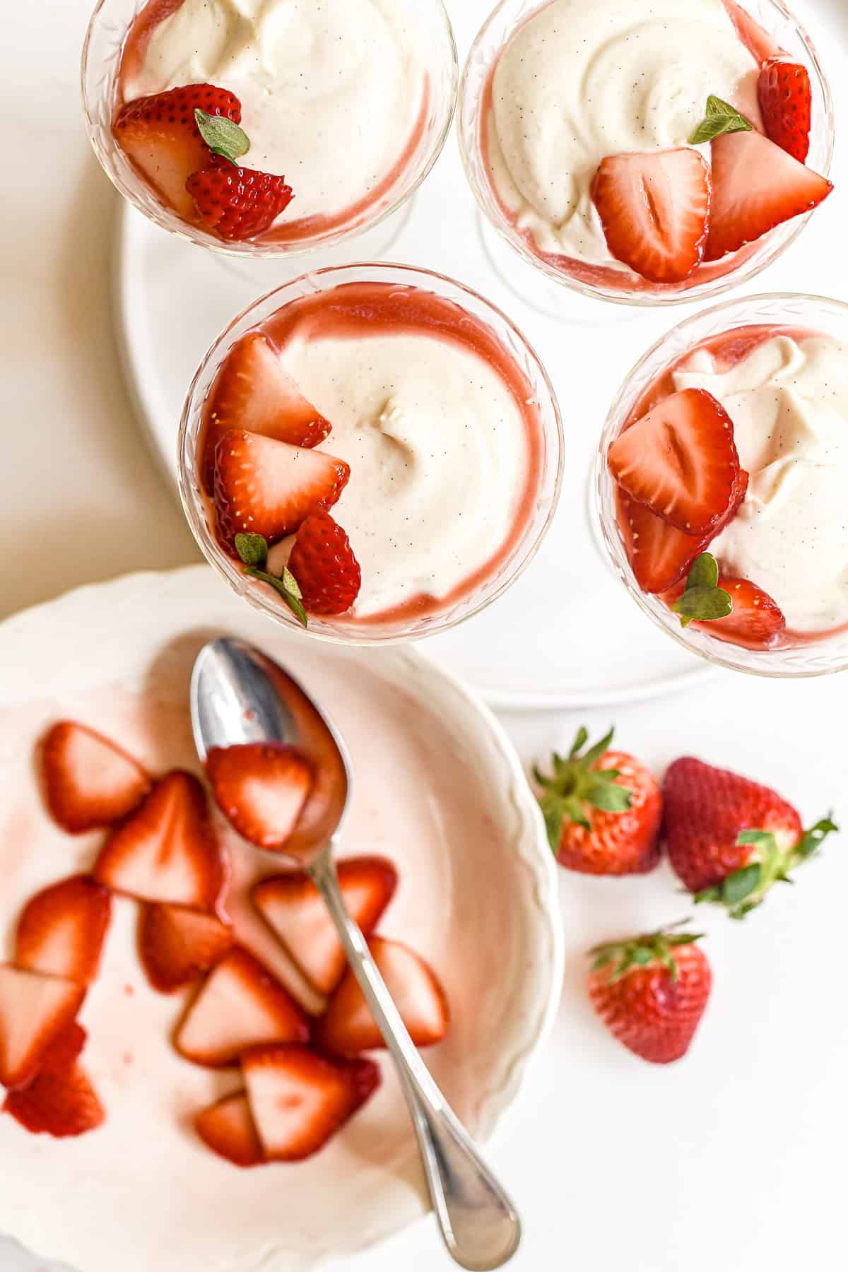 white chocolate mousse with macerated strawberries.