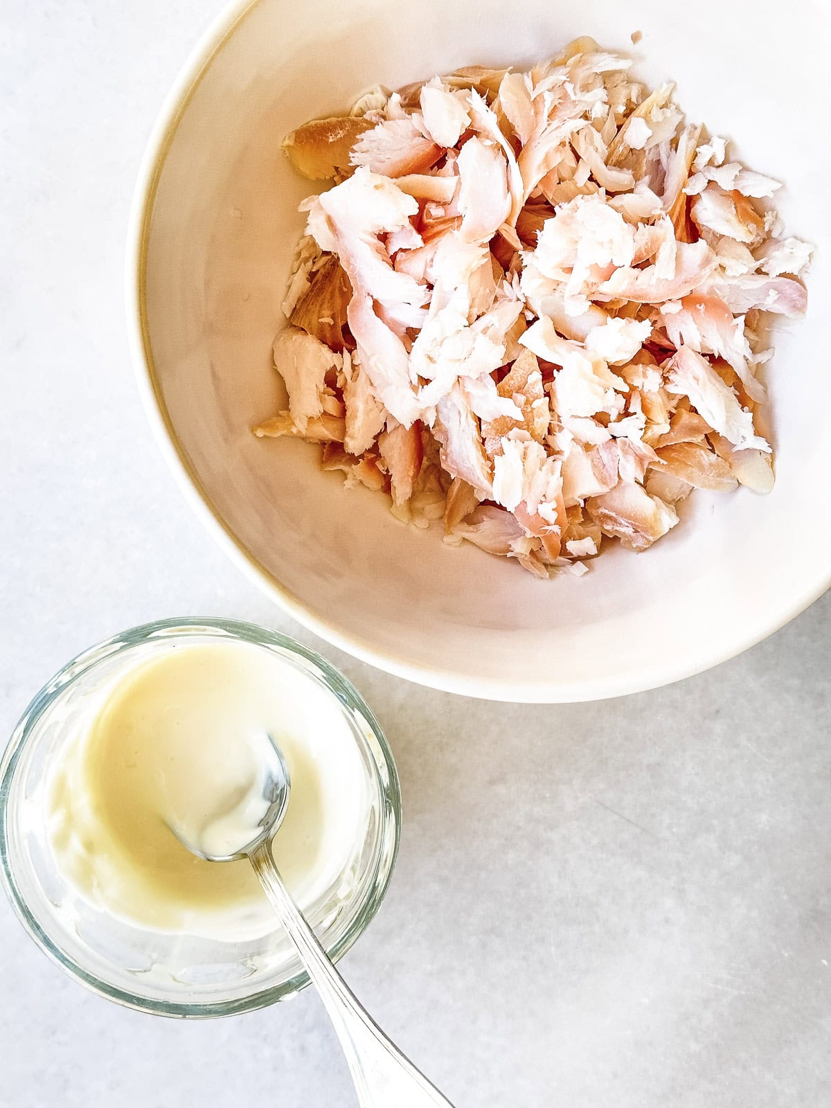 flaked smoked whitefish in a bowl.