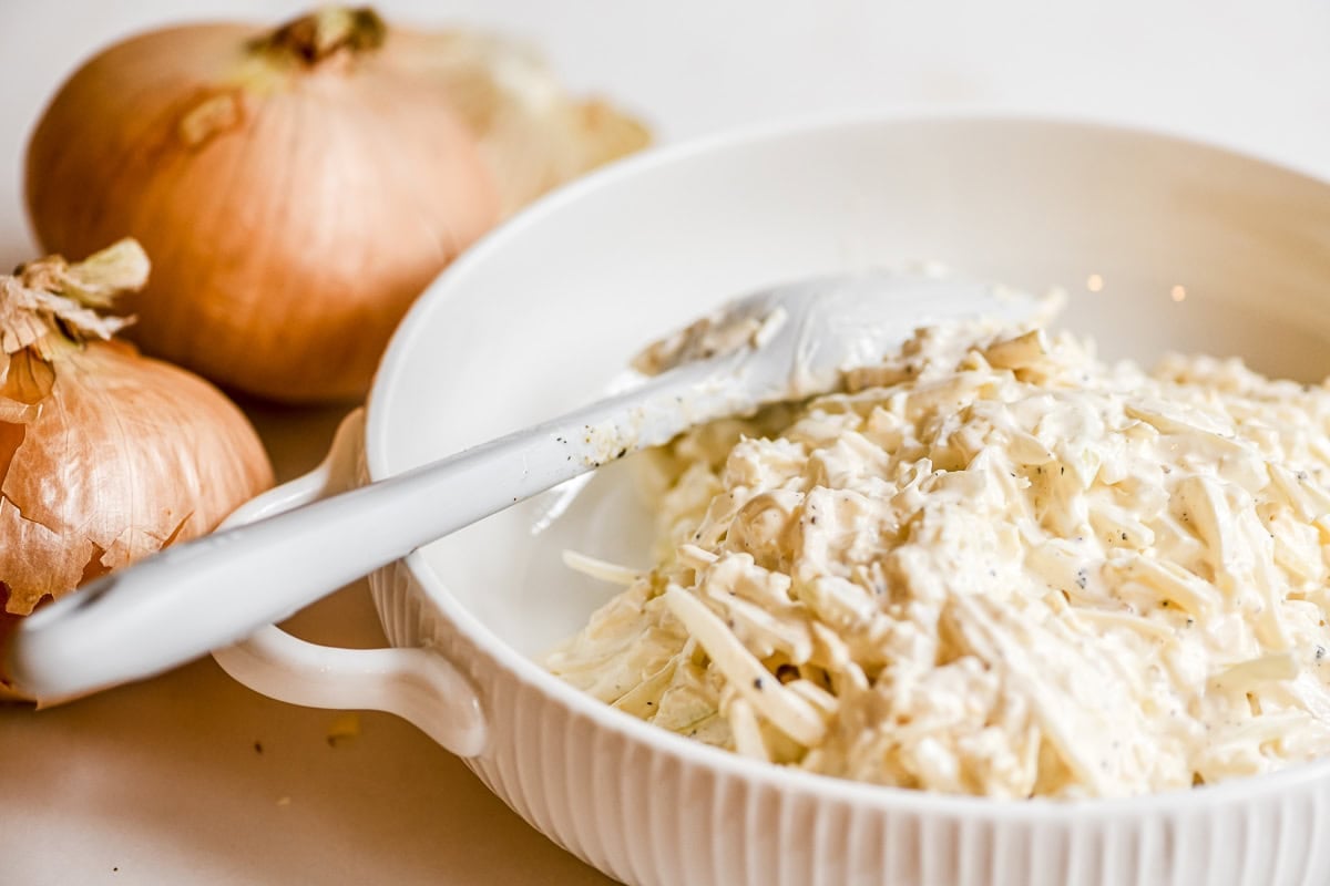 Making Vidalia onion dip.