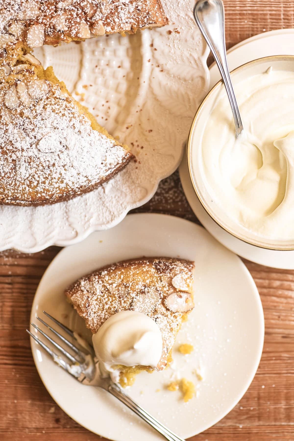almond olive oil cake with whipped cream.