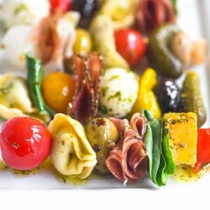 antipasto skewers on a tray