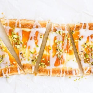 Apricot Pistachio Puff Pastry Danish, cut into pieces.