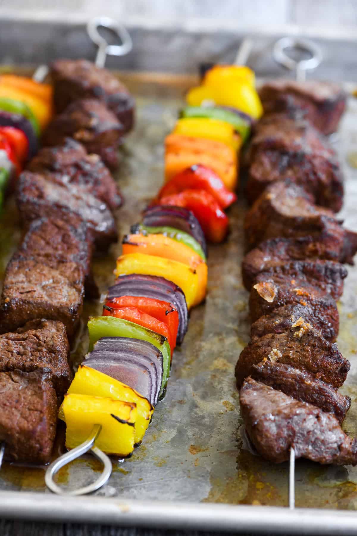 Fajita skewers on a sheet pan, ready to enjoy.