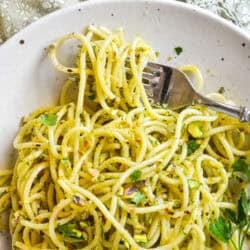spaghetti tossed with pistachio pesto.