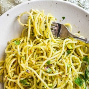 spaghetti tossed with pistachio pesto.