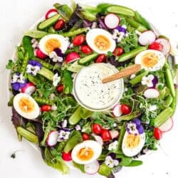 spring salad wreath with eggs, and creamy basil buttermilk dressing.