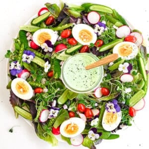 spring salad wreath with eggs, and creamy basil buttermilk dressing.