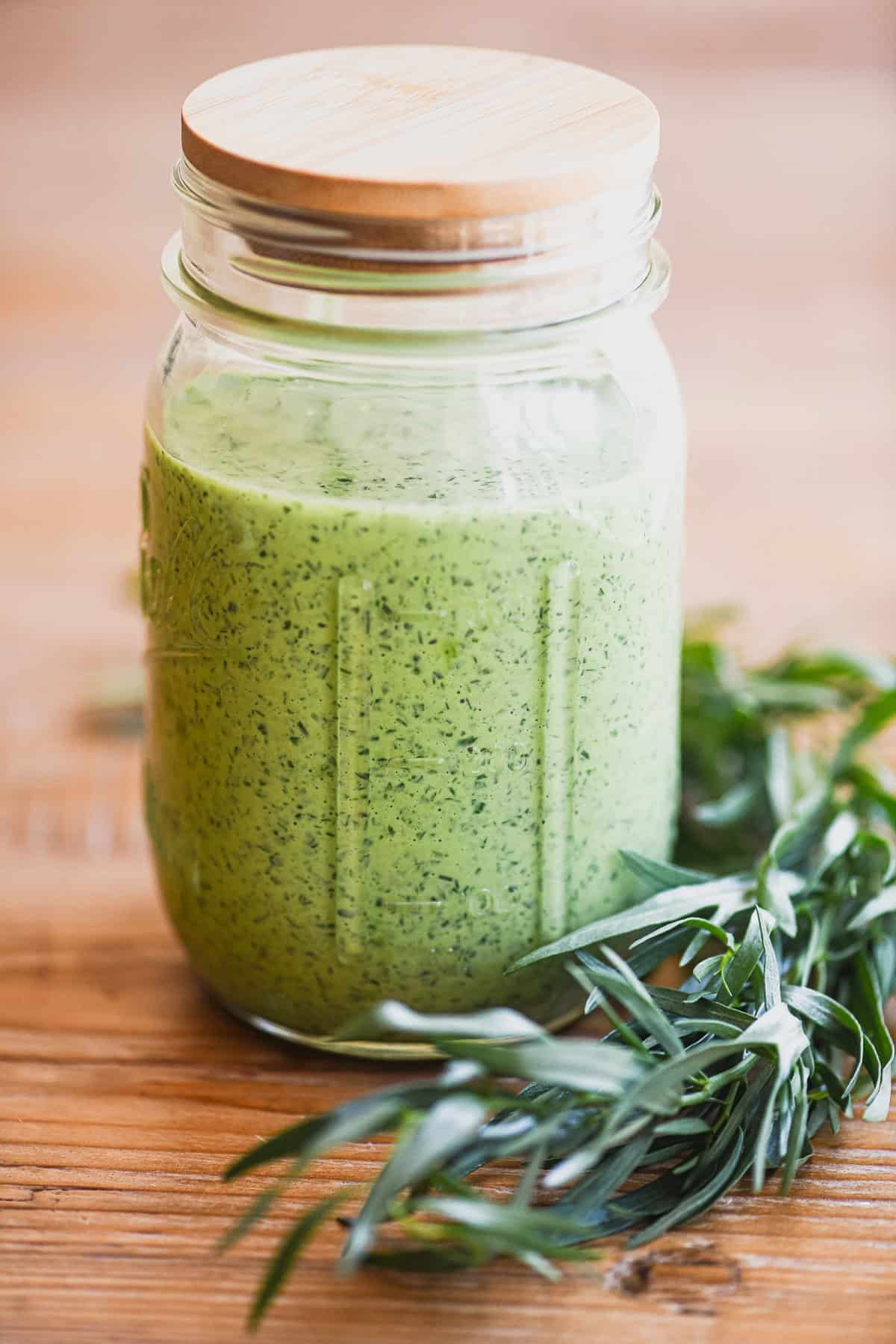 green goddess sauce in a jar.
