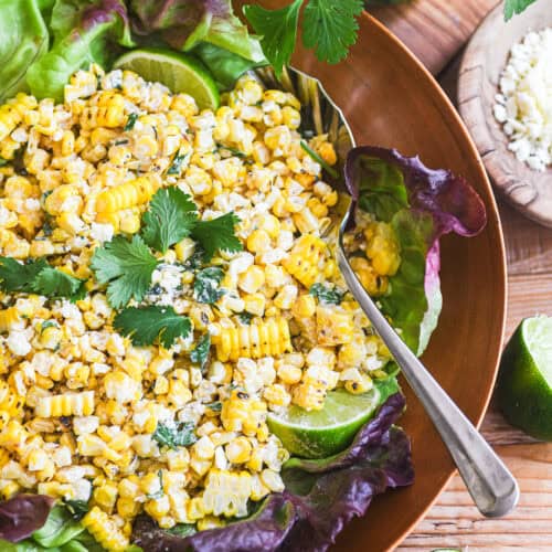 Mexican Street Corn Salad in a wooden bowl.