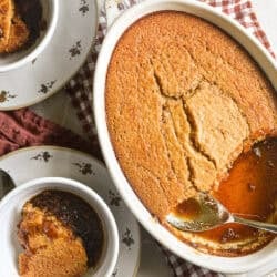 butterscotch pudding cake in a casserole dish.