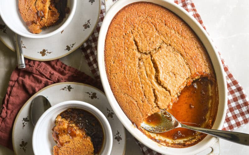 butterscotch pudding cake in a casserole dish.