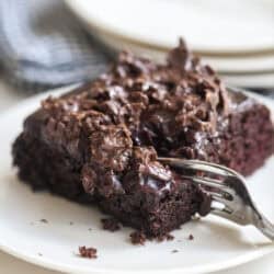 Taking a bite of a piece of chocolate crunch cake.