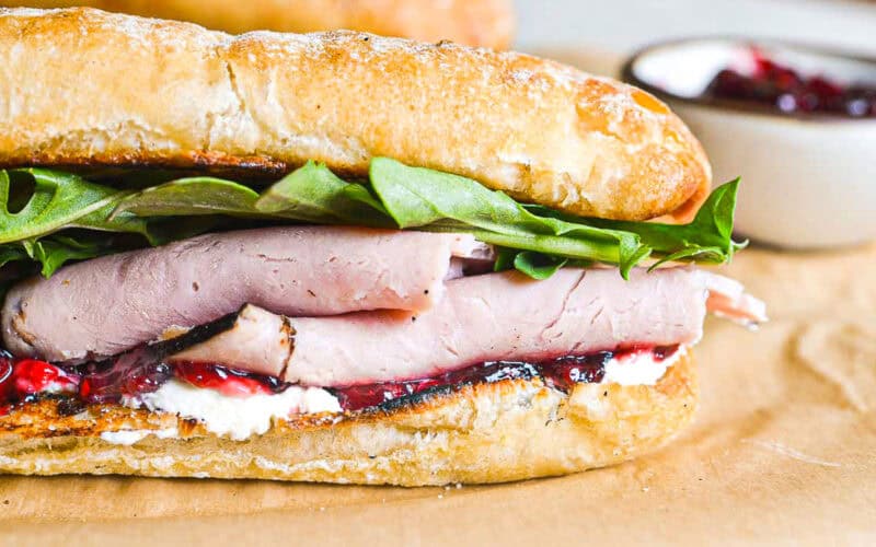 Ham and jam sandwich on a roll.