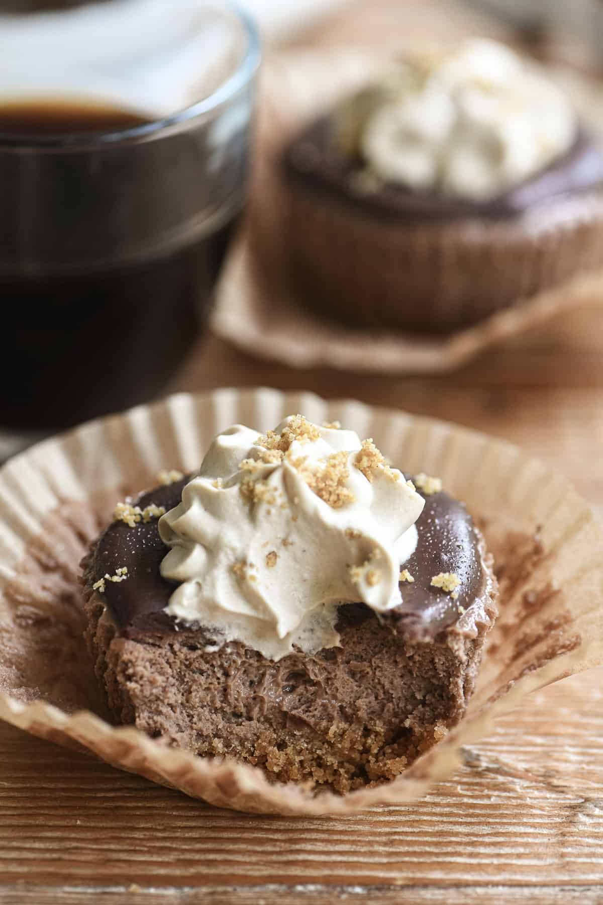 mini mocha cheesecake with bite taken.