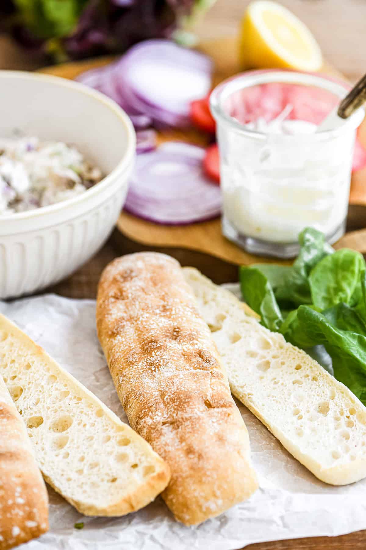 Making trout salad sandwiches.