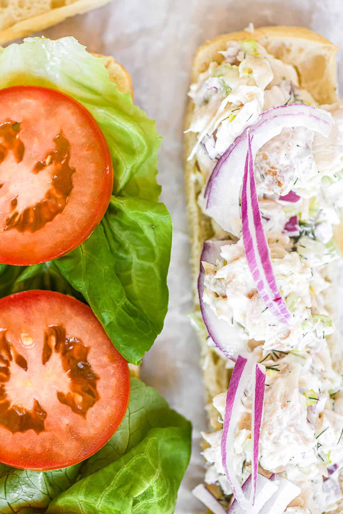 Making smoked trout salad sandwiches on small baguettes.