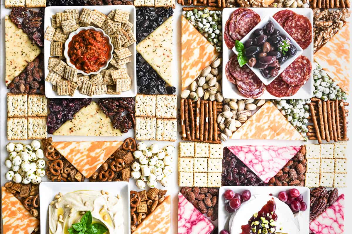 Closer look at the design for a quilt inspired charcuterie board.