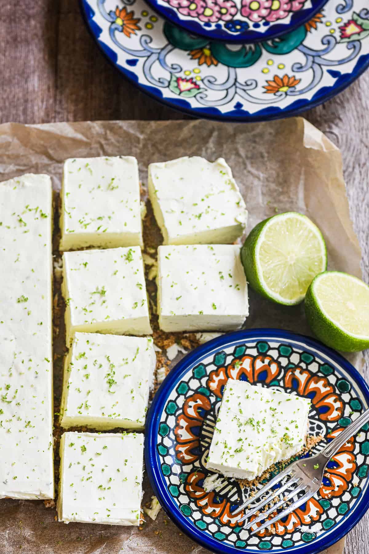Frozen limonada bars sliced, topped with lime zest.