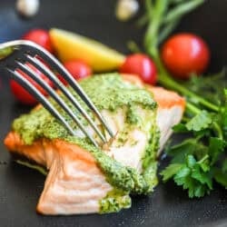 Taking a bite of Green Goddess Salmon.