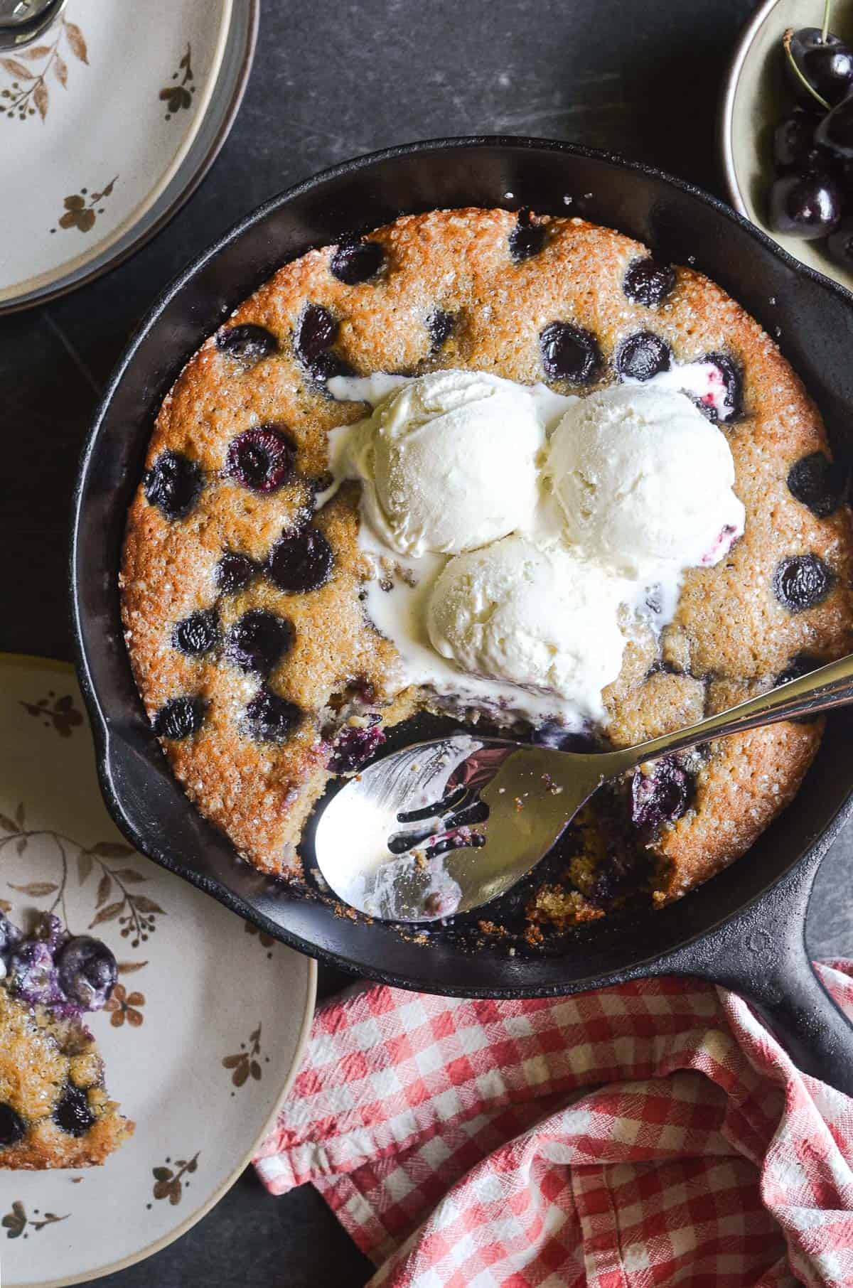 serving cherry almond skillet cake