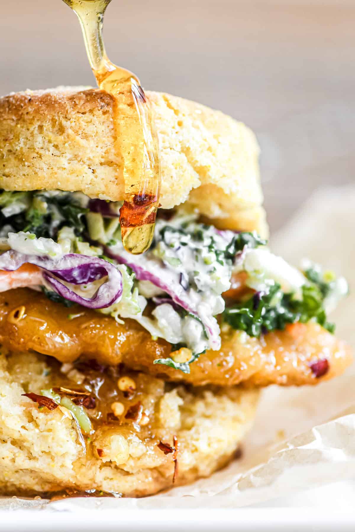 A hot honey biscuit chicken sandwich.