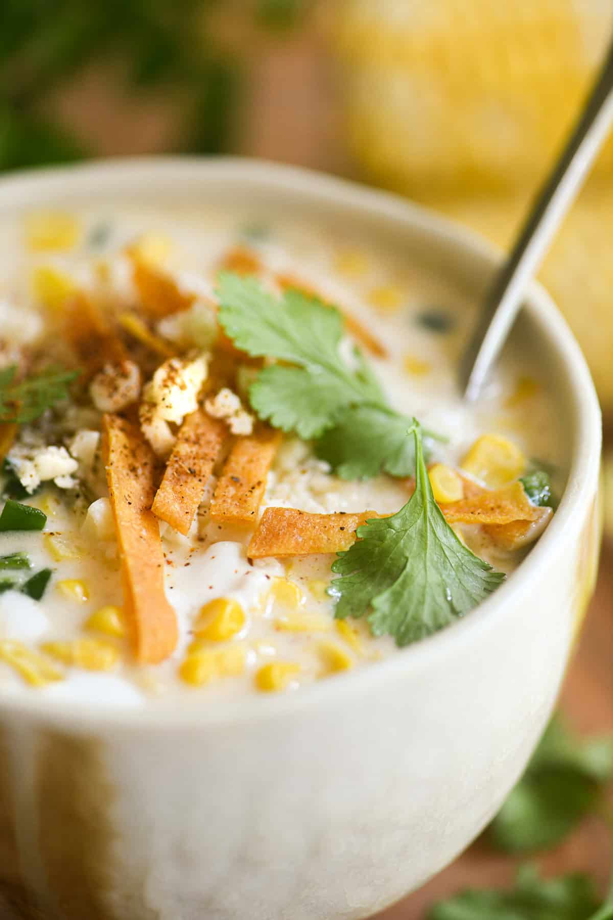 a close look at a bowl of Mexican street corn chowder with spoon.