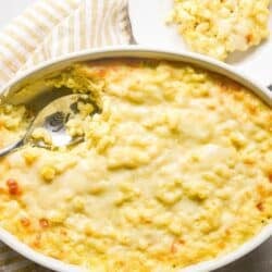 Sweet corn mac and cheese in a casserole dish, just out of the oven.