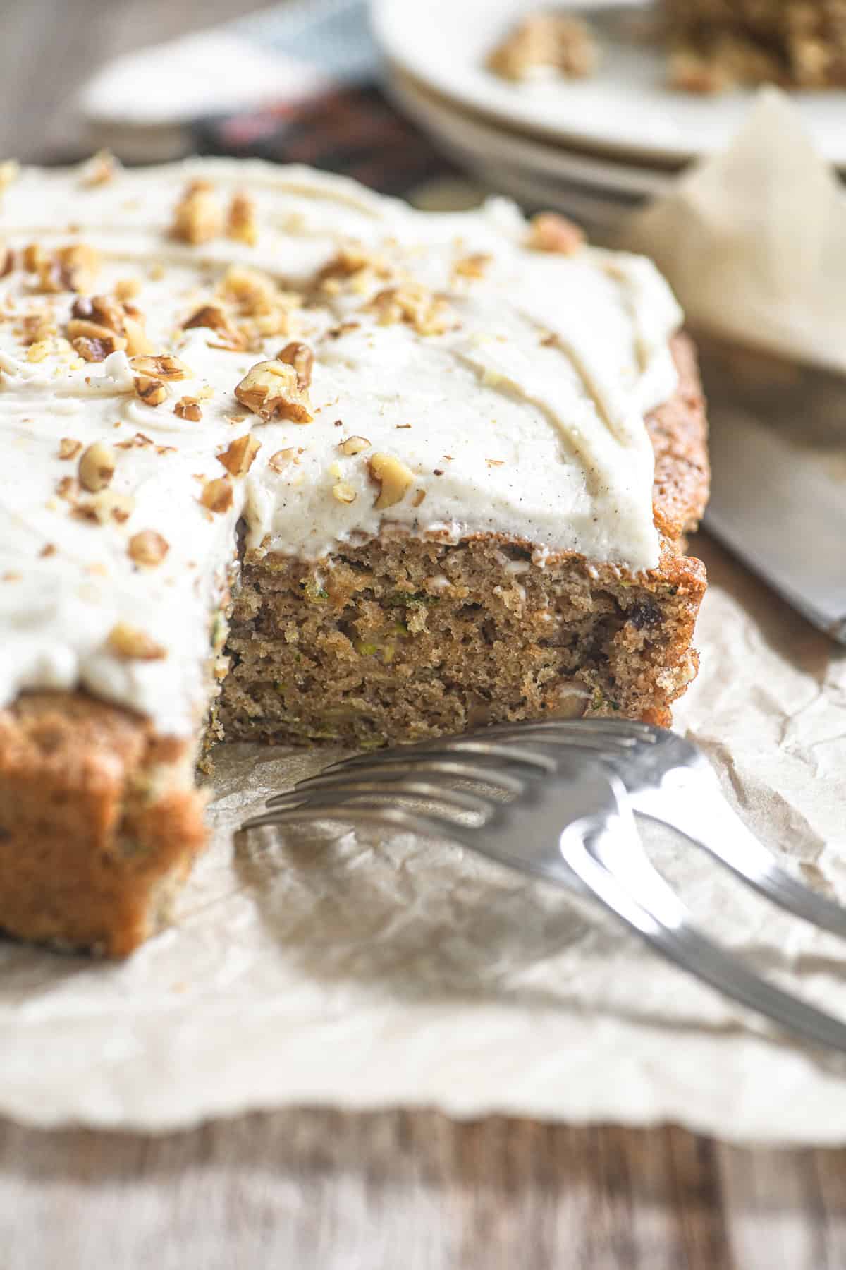 zucchini snack cake with piece taken.