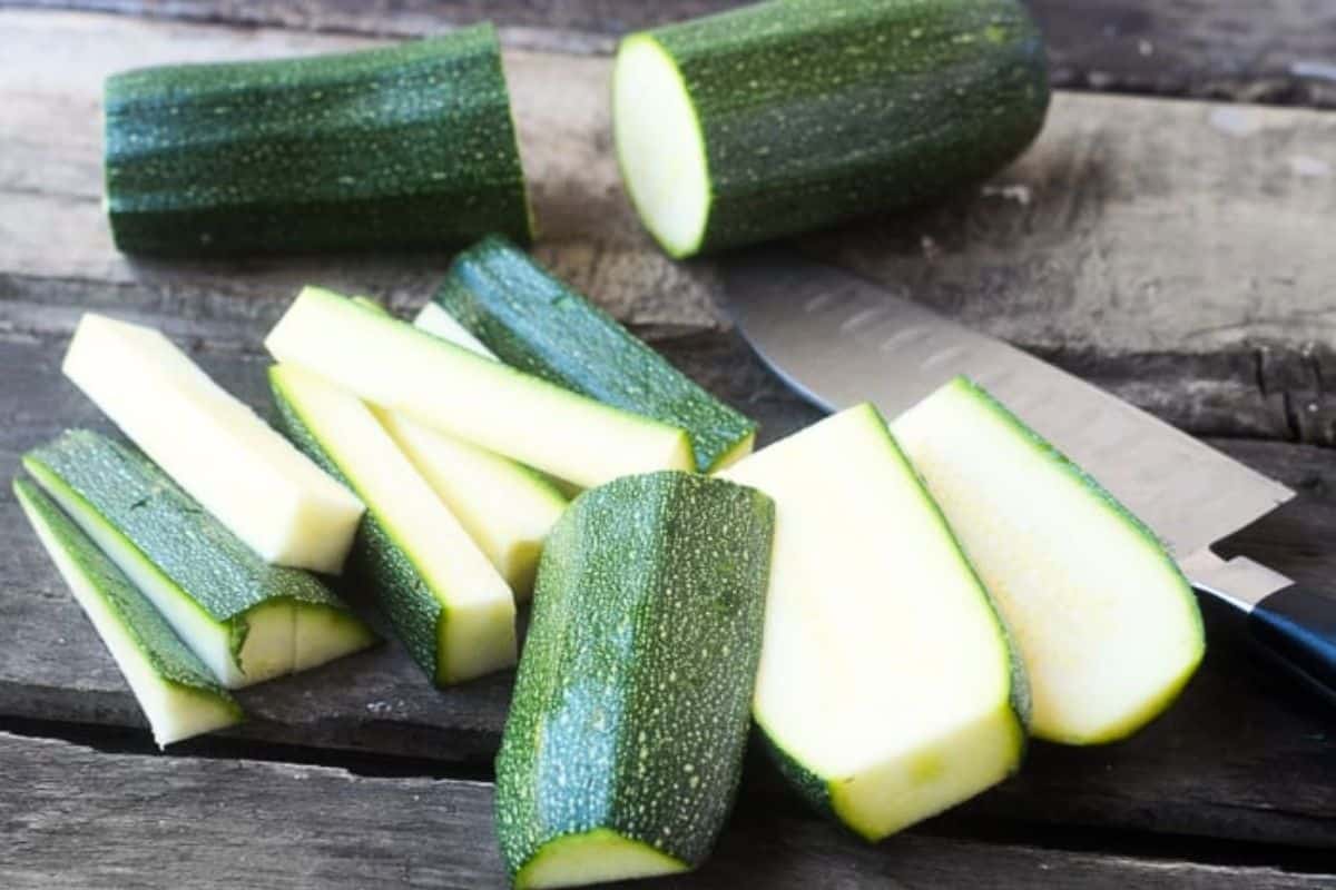 Slicing zucchini for baked zucchini fries.