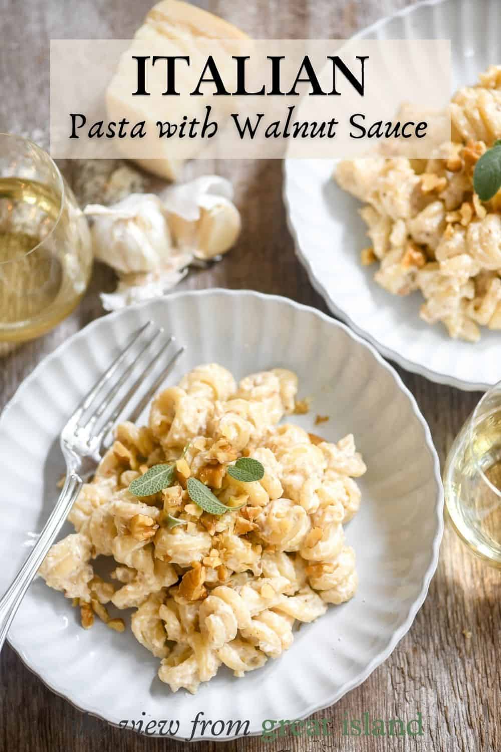 Italian pasta with walnut sauce, in shallow bowls with white wine pin