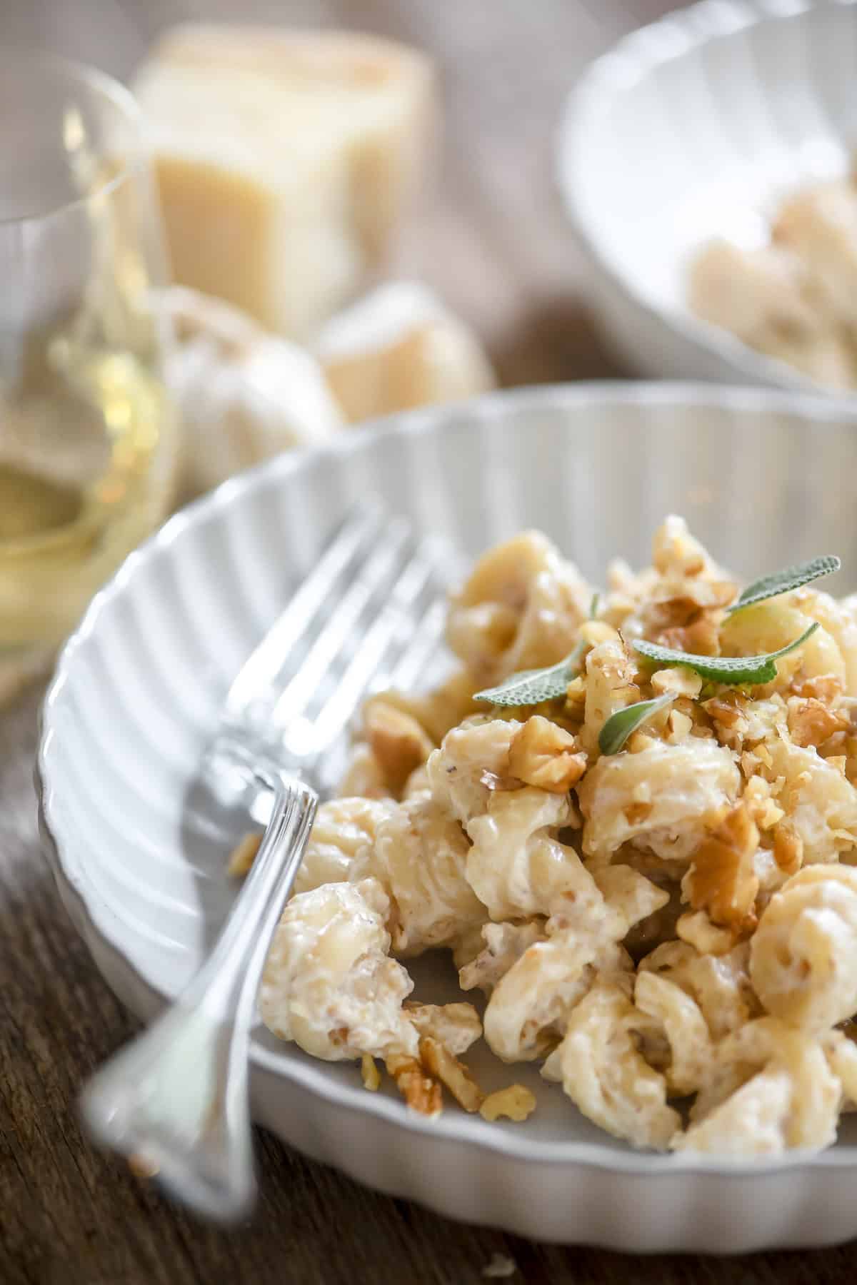A bowl of Italian pasta with walnut sauce, with fork.