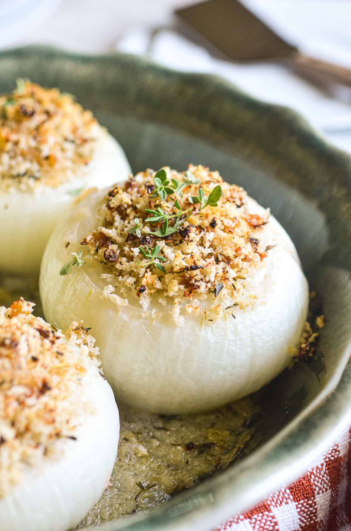 Provencal stype stuffed onions, in a pan.