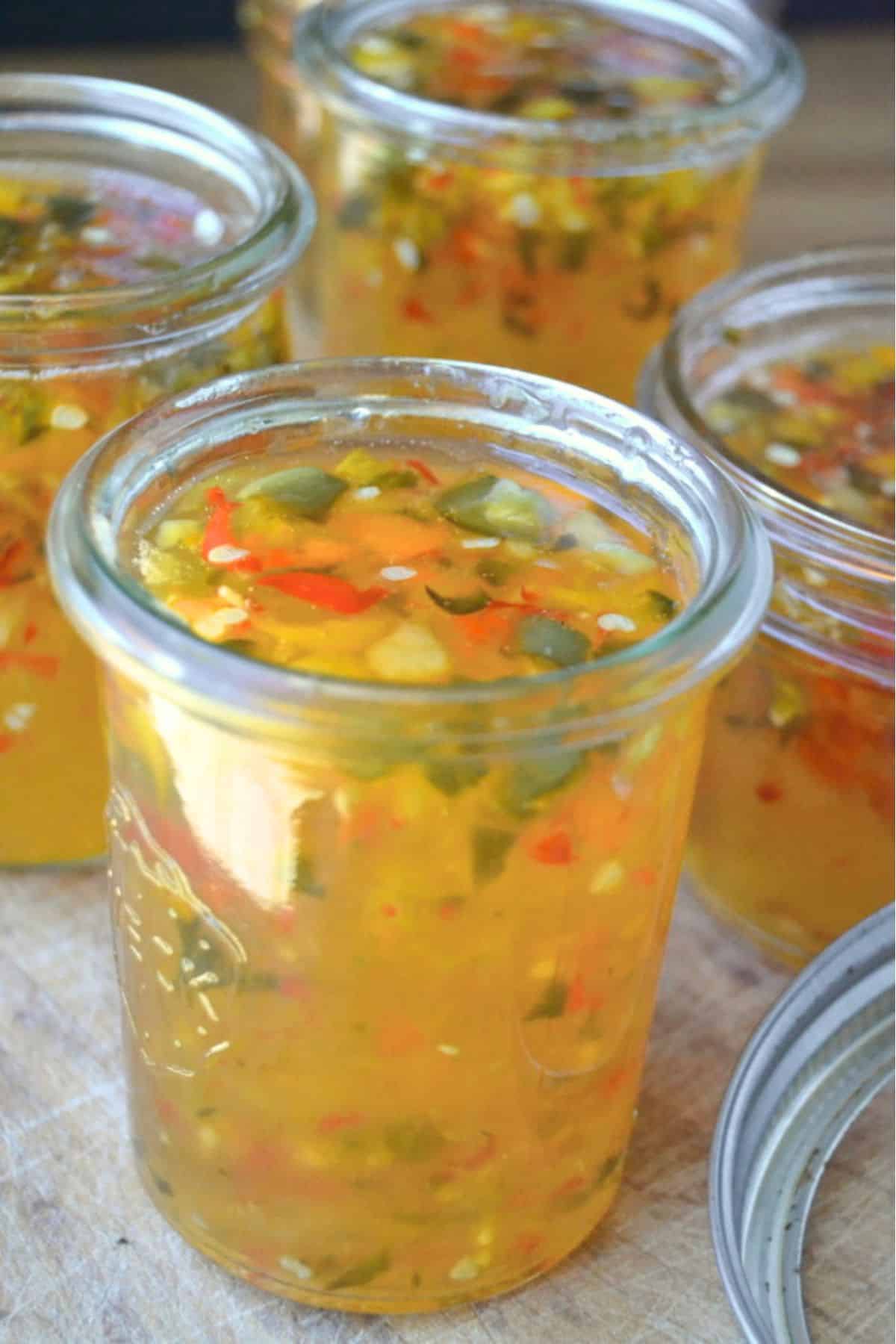 Easy hot pepper jelly in glass jars.