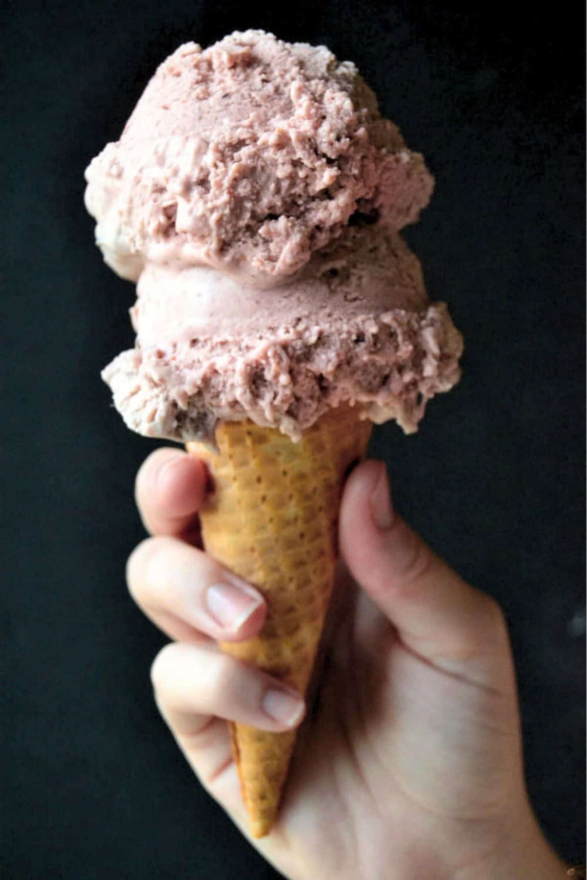 This Roasted Fig Gelato is the richest and creamiest homemade ice cream I've made to date on the blog. It's made with fresh figs and mascarpone cheese, and stays beautifully scoopable even after a night in the freezer. #easy #homemade #recipe #best #mascarpone #roasted #fig #dessert #icecream Hand holding a double scoop fig gelato ice cream cone.