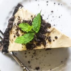 A slice of Mint Cold Brew Ice Cream Pie on a plate with fork.