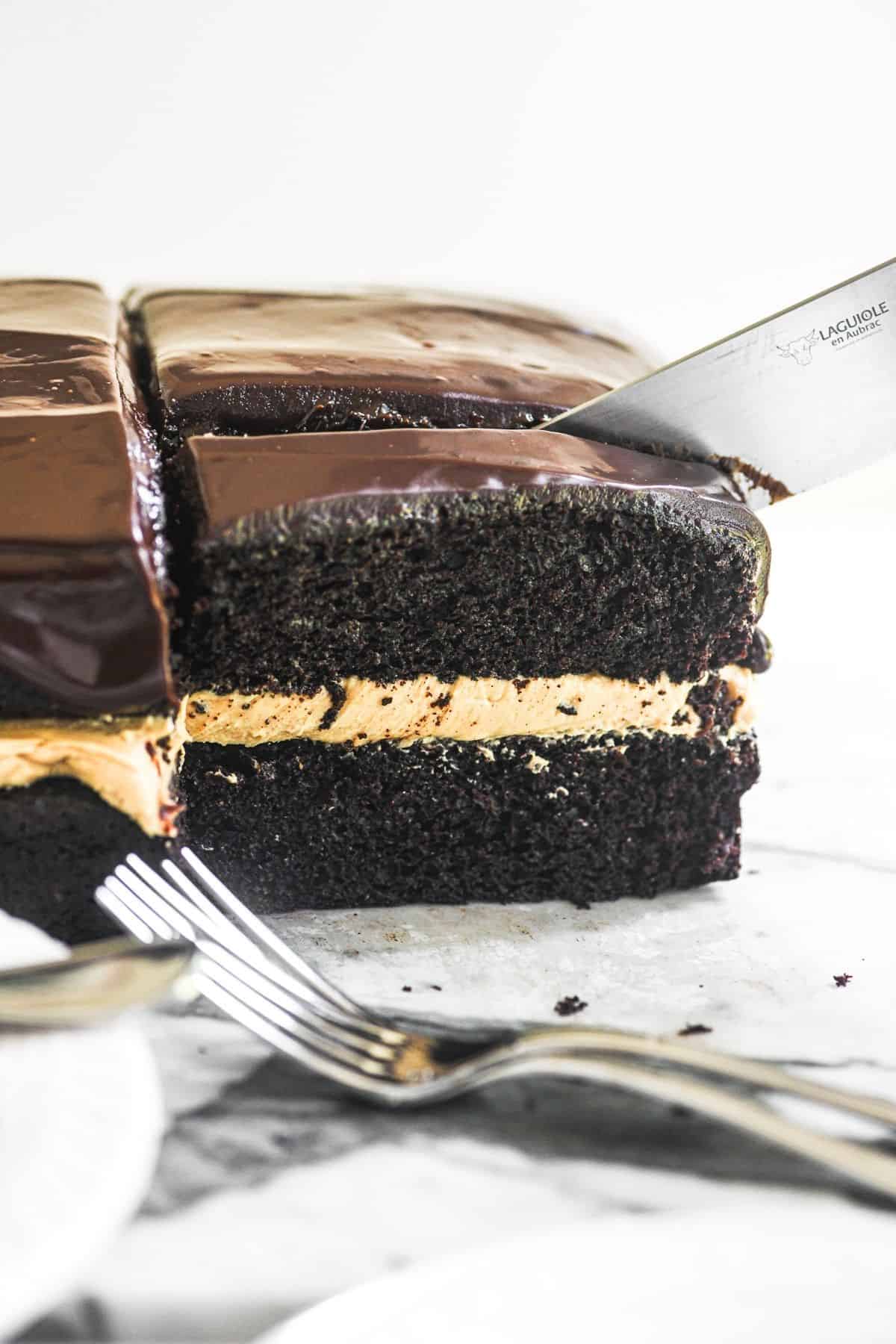 slicing a chocolate peanut butter layer cake.