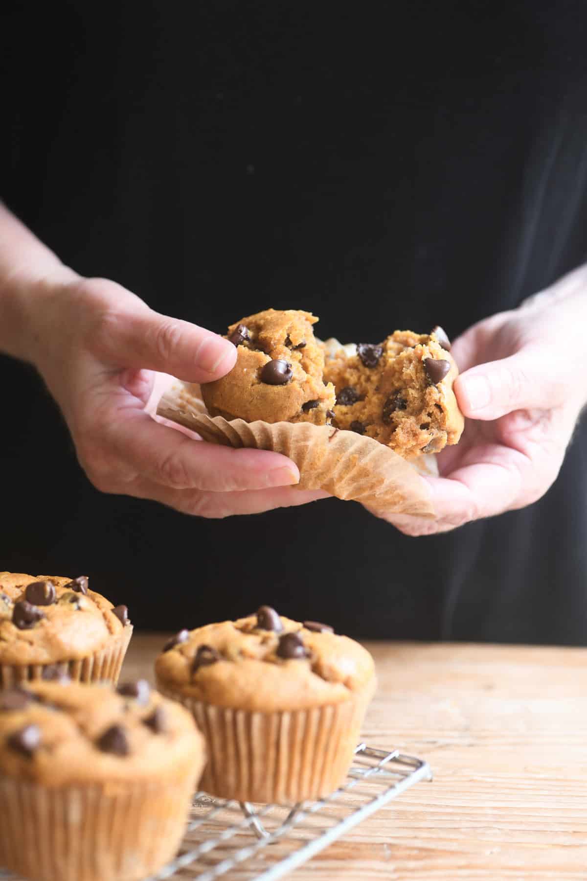 Breaking open a freshly baked chocolate chip pumpkin muffin.