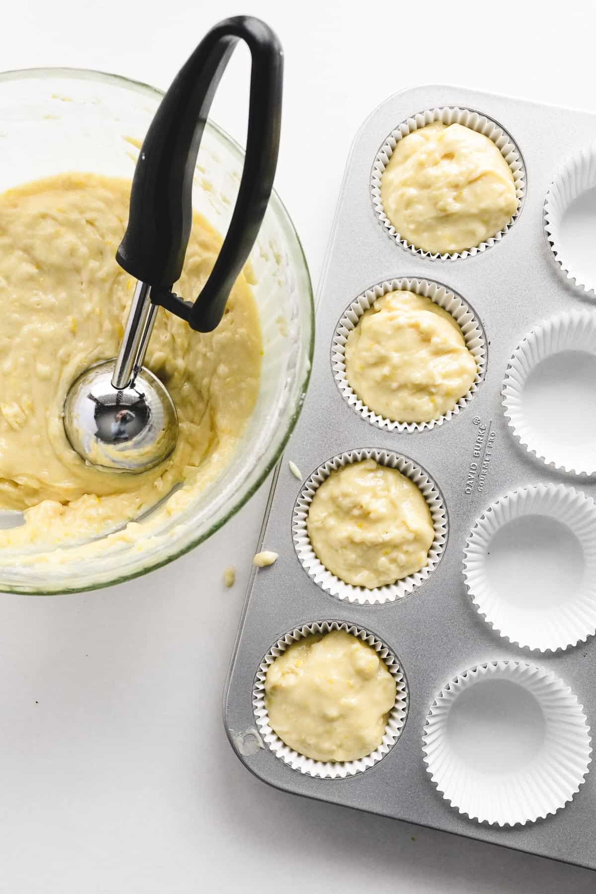 filling muffin cups for lemon muffins.