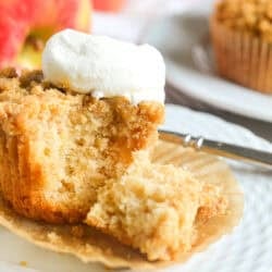 mini apple crumb cake with bite taken, on a plate with apple in the background.