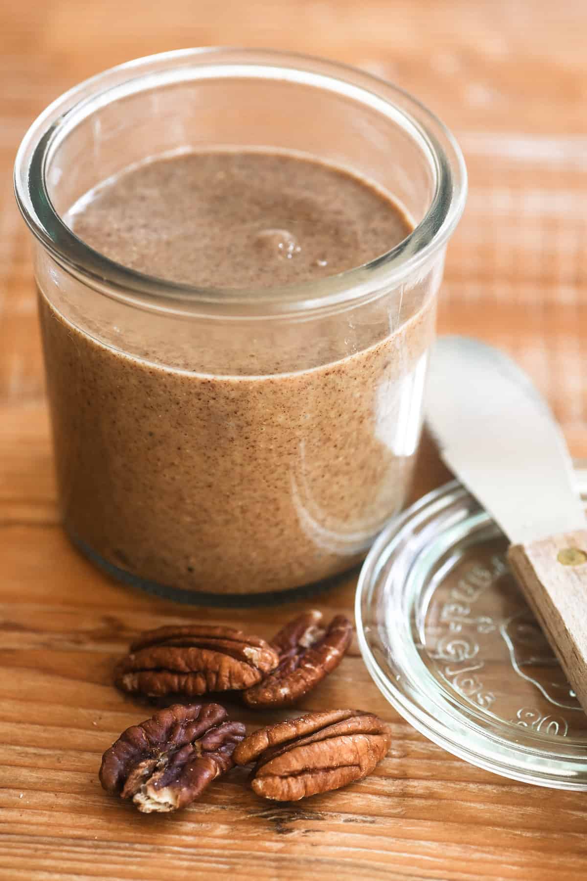 roasted pecan butter in a jar.