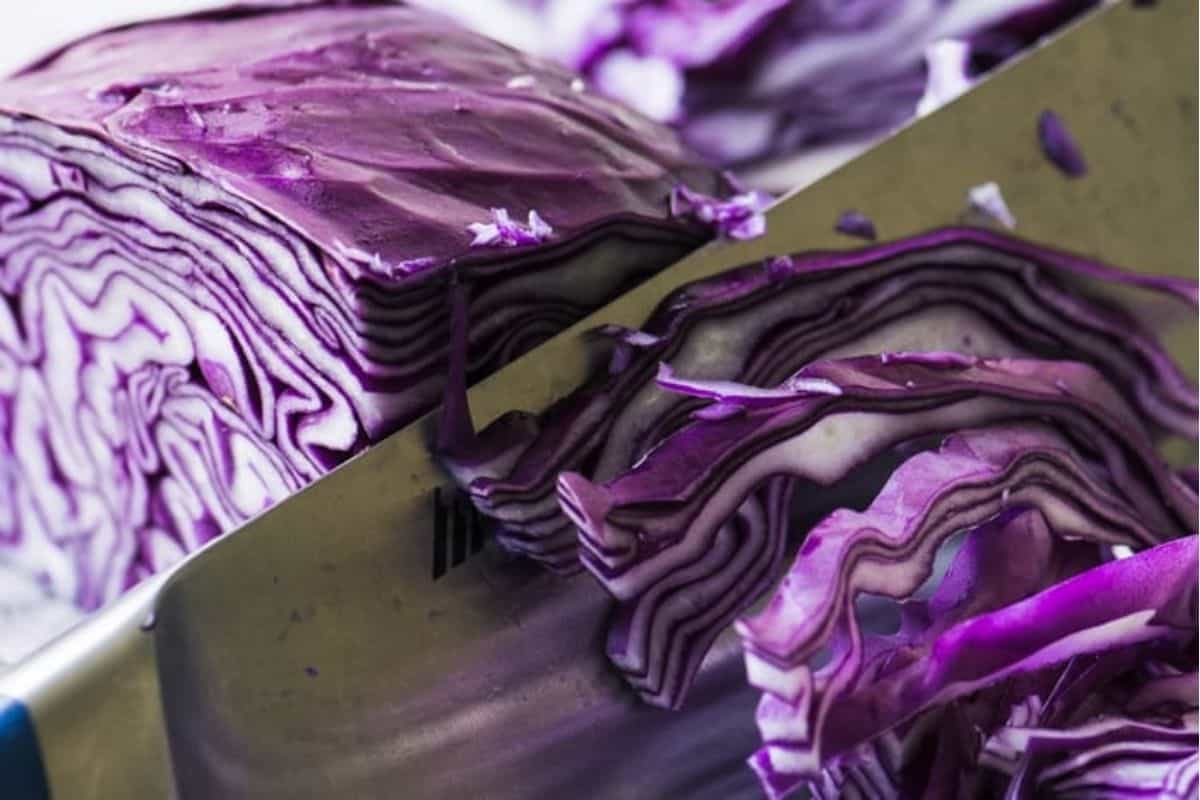 Slicing red cabbage for braised red cabbage side dish.