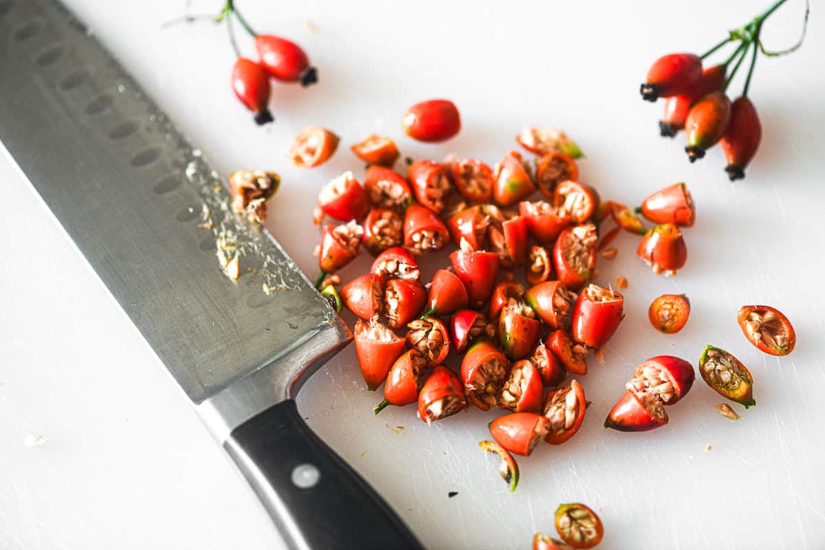 Rough chopped rose hips ready to be steeped into tea.