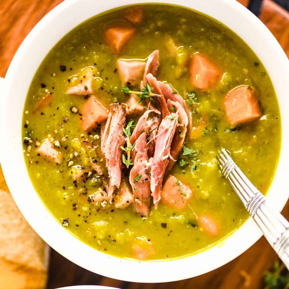 A bowl of protein and fiber rich split pea and ham soup.