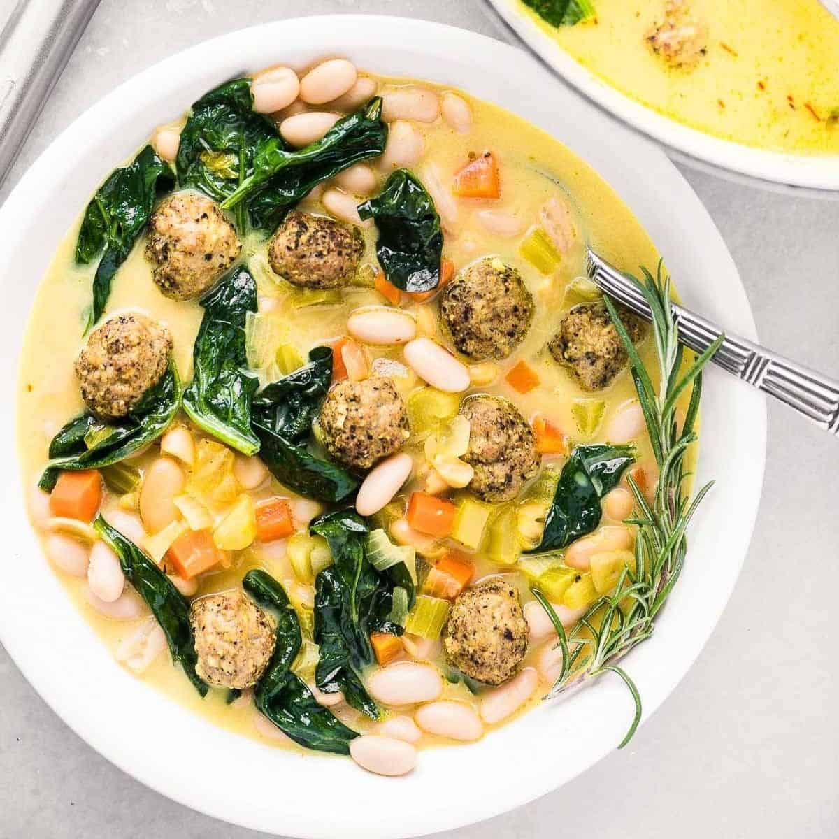 Meatballs add extra protein to this Tuscan white bean soup.